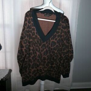 CARLA ROCKMORE Rushed Lg Sleeves V-Neck Black/Brown Animal Print Sweater XL